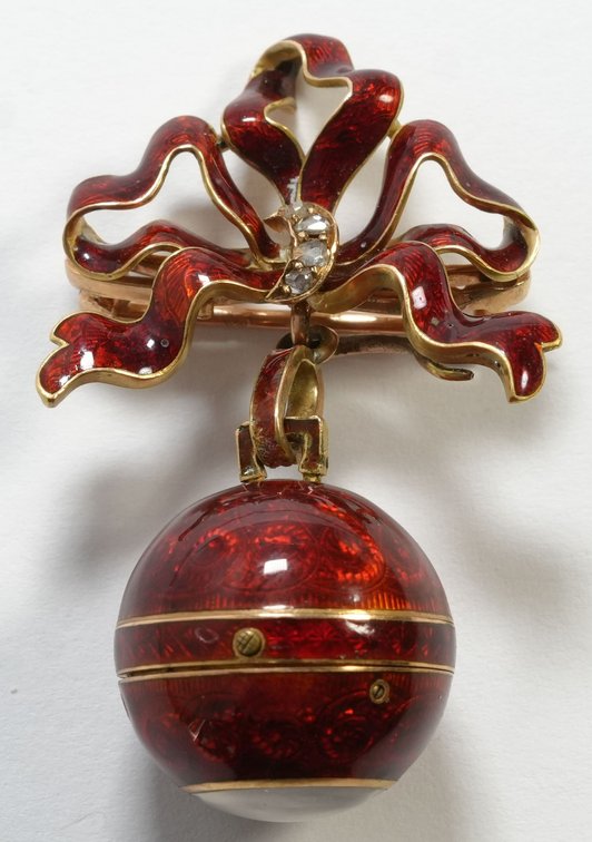 Swiss, 14K(+) gold and guilloche enamel ball-form pendant watch, w/matching pin
