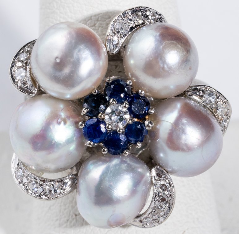 Pearl, sapphire, diamond & 14K white gold cluster ring