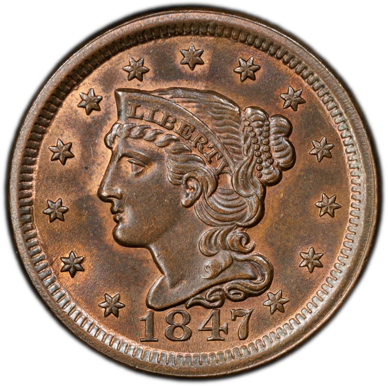 US Braided Hair cent, 1847, PCGS MS64BN