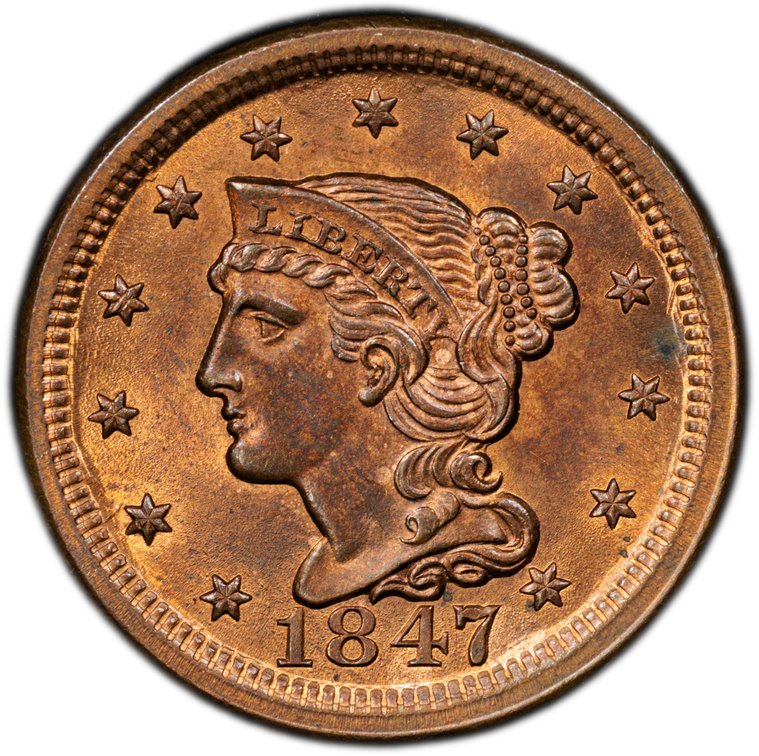 US Braided Hair cent, 1847, PCGS MS65RB