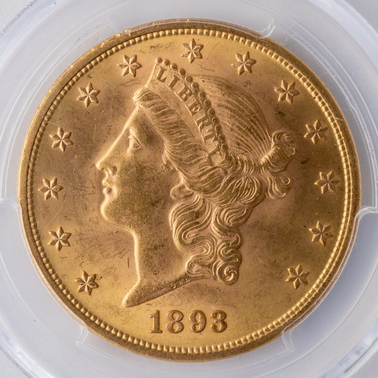 US Liberty $20 Gold, 1893, PCGS MS63+