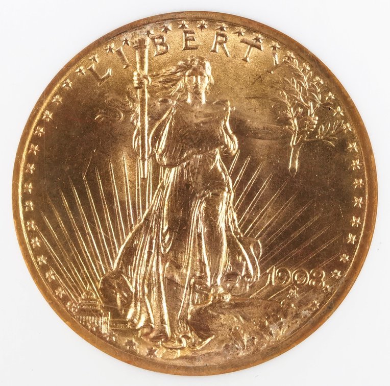 US St Gaudens $20 Gold, 1908 No Motto, NGC MS63