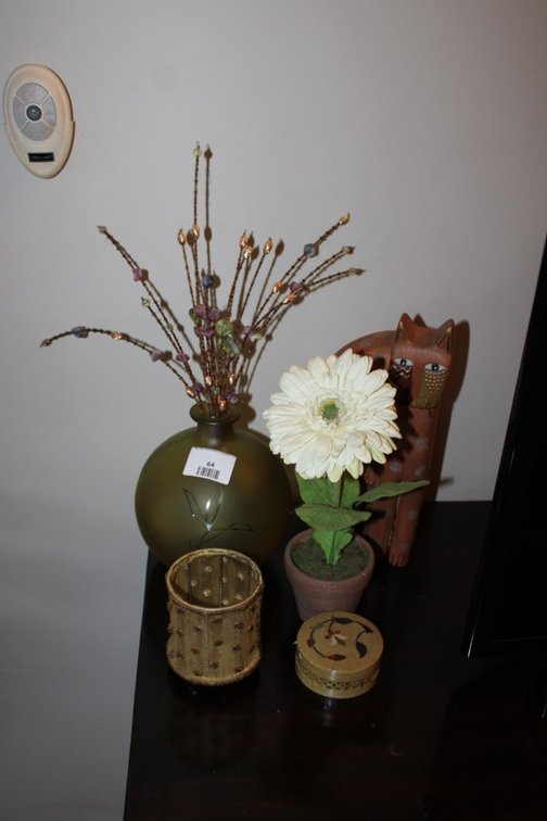 Glass Vase, Wooden Cat, Artificial Flower And More