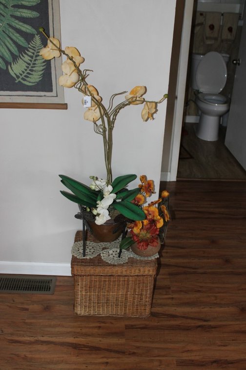 Artificial Plant, Plant Stand And Wicker Basket