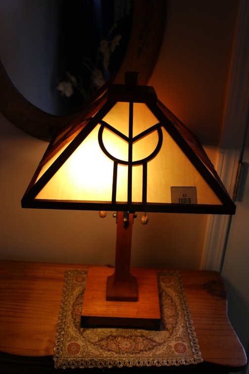 Wood Frame Table Lamp With Stained Glass, 22 Inches Tall
