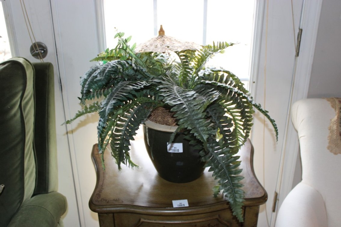 Oriental Stoneware Planter And Artificial Plant