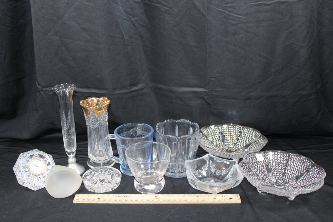Waterford Paperweight Clock, Flower Frog, Fostoria Paperweight, Deco Creamer, And More