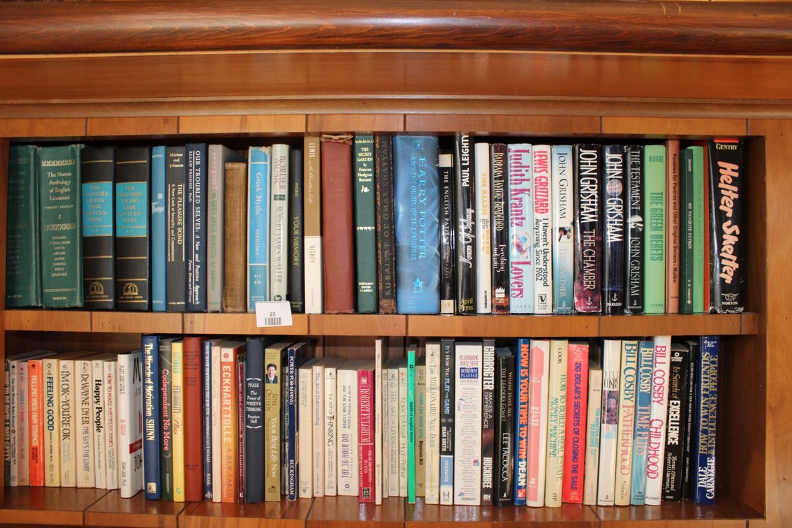 Books To Include John Grisham, Harry Potter, Columbian Viking Desk Encyclopedia, The Norton Anthology Of English Literature, And More