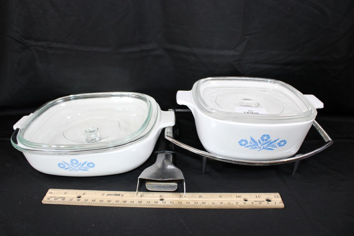 Corning Blue Cornflower Casseroles, Stand, And Handle