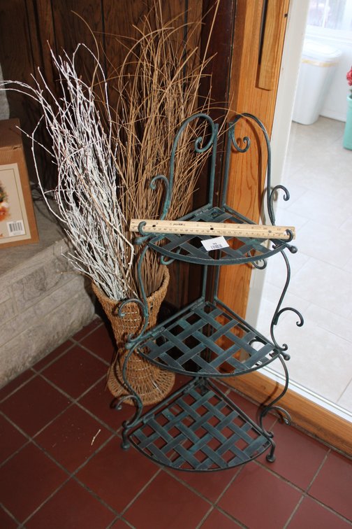 Folding Metal Corner Shelf And Wicker Vase. Shelf's 33 Inches Tall