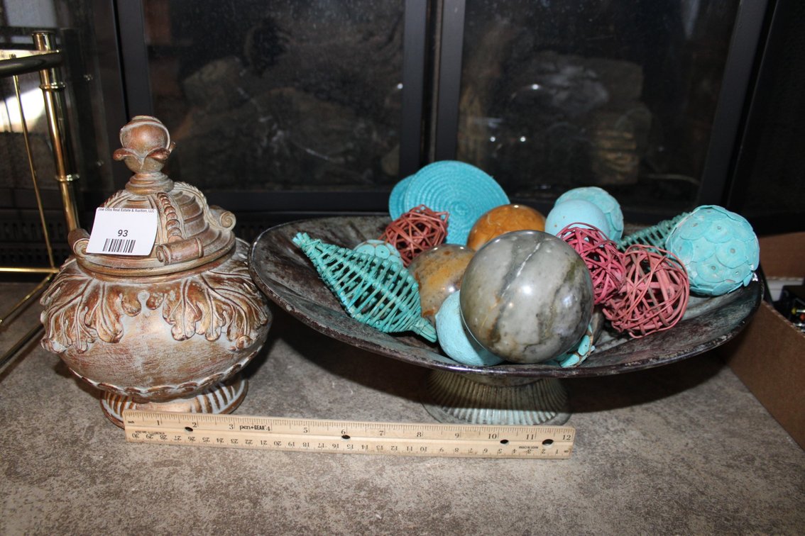 Metal Console Bowl With Stone Spheres, Plastic Lidded Jar, And More