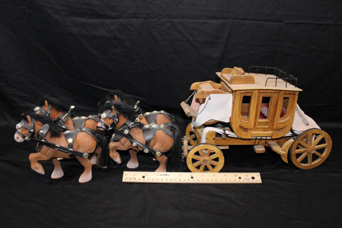 Folk Art Handmade Wooden Horse-Drawn Carriage, 27 Inches Long, 9 Inches Tall