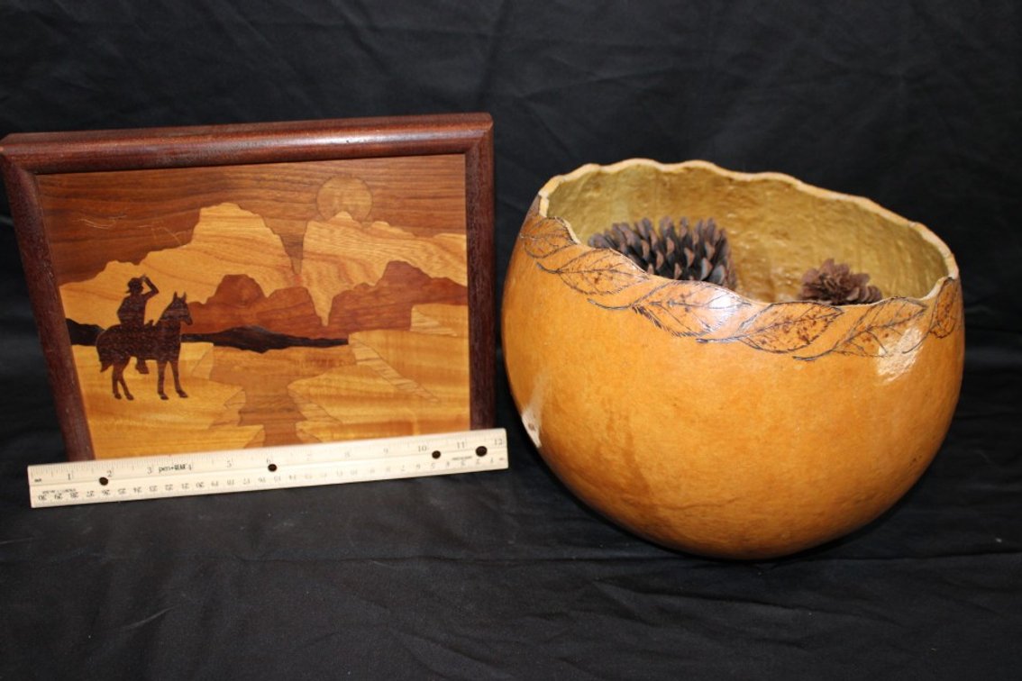 Folk Art Inlaid Wood Plaque, Measures 11 x 9, And A Gourd Bowl With Pine Cones