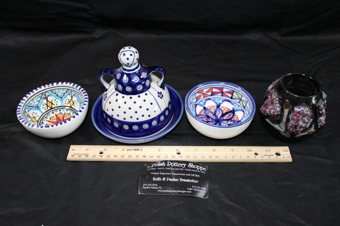 Pottery Butter Dish, Candle Holder, And Finger Bowls
