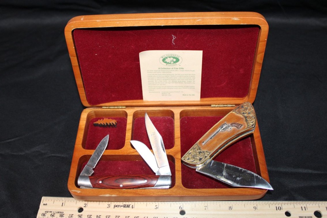 Colt Firearm Commemorative Knife, Winchester Knife, And Wooden Dresser Box