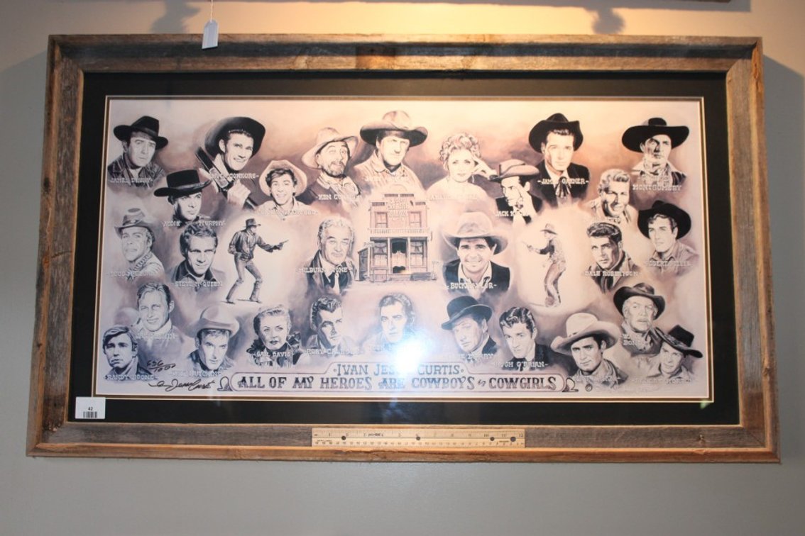 Artist Signed And Numbered Ivan Jesse Curtis "All Of My Heroes Are Cowboys And Cowgirl" Print, Number 636 Of 1000 In A Folk Art Frame, Measures 43 x 25