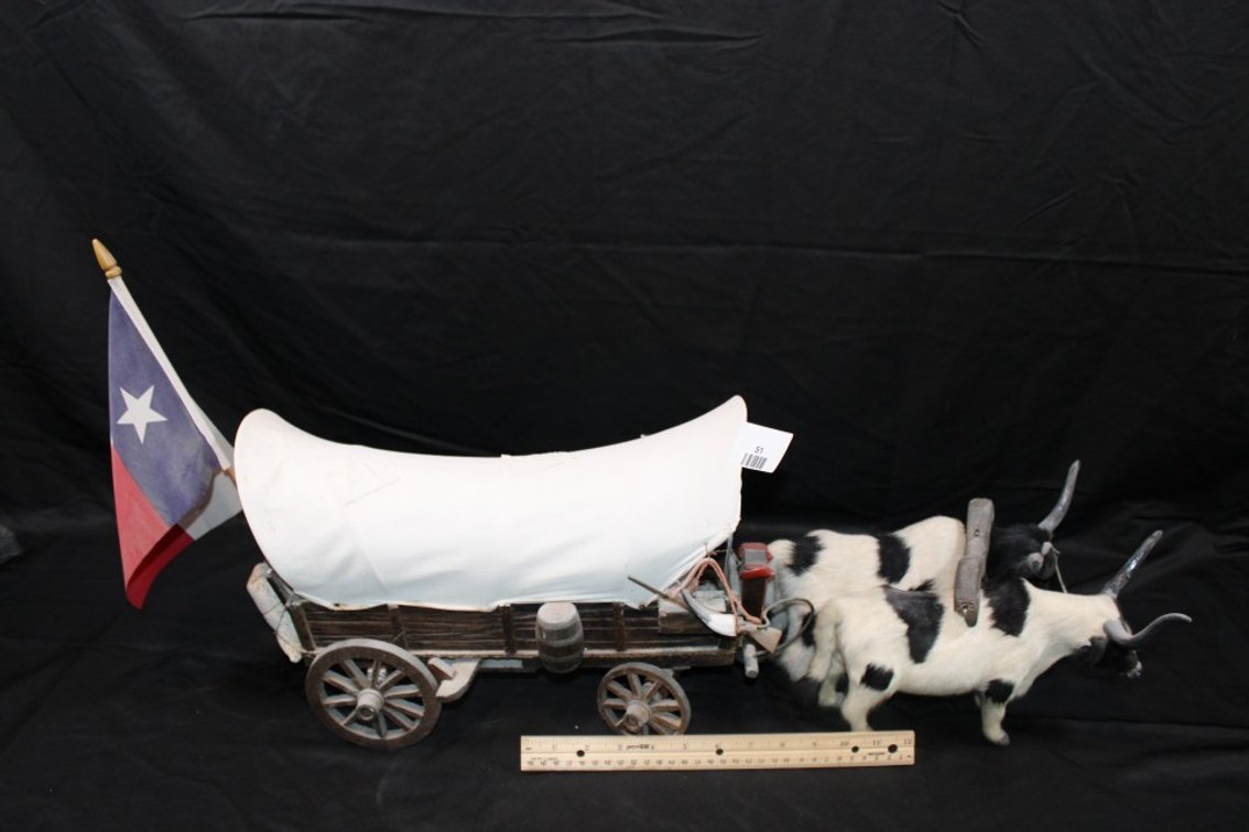 Folk Art Wood Covered Wagon With Two Real Fur Covered Oxen. Total Length Is 28 Inches.