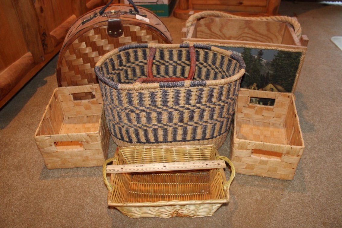 Wicker Baskets, Box And Handbag.