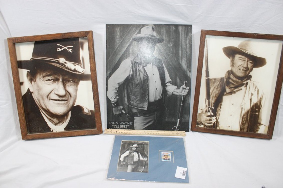 John Wayne Prints, Tin Sign And Stamp.
