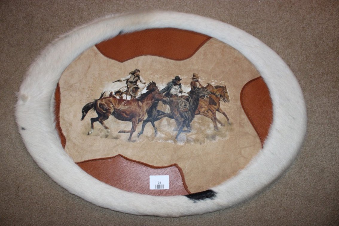 Leather And Fur Framed Southwest Wall Art. Measures 28 x 20.