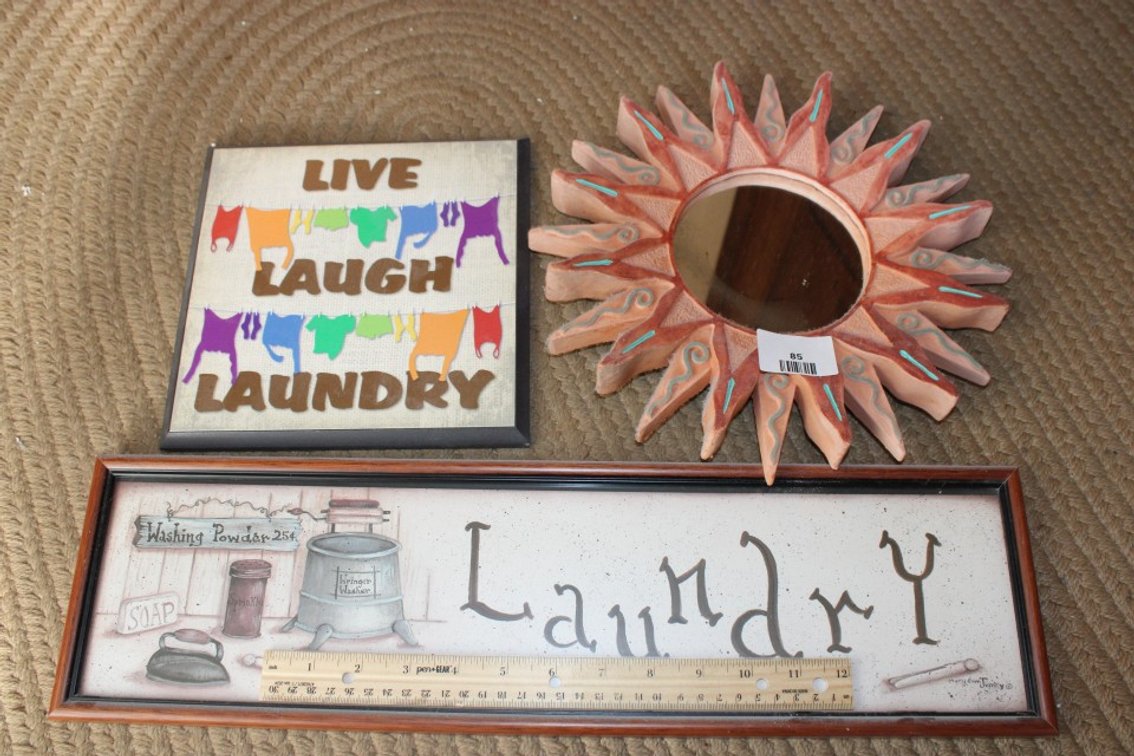 Two Laundry Prints And A Mirror.