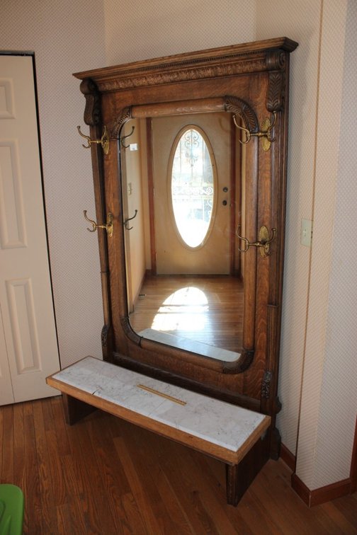 Antique Oak Hall Tree Features Marble Bench Marble