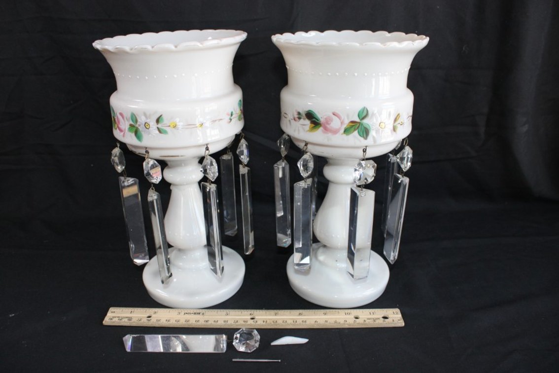 Two Hand-Painted Hurricane Lamps With Glass Prism