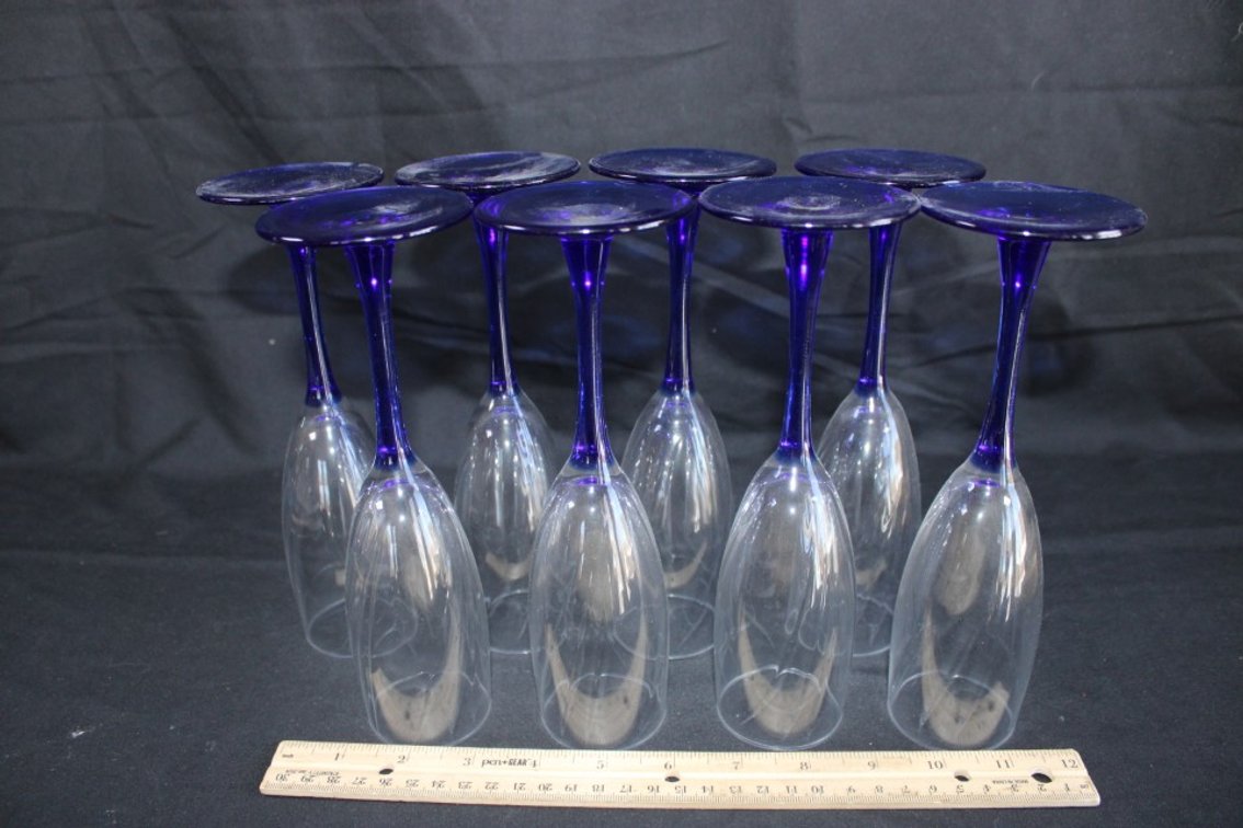 Eight Champagne Flutes With Blue Stems And Two Add