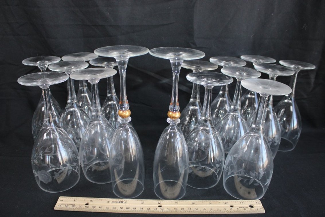 Fourteen Etched Stemmed Water Glasses.