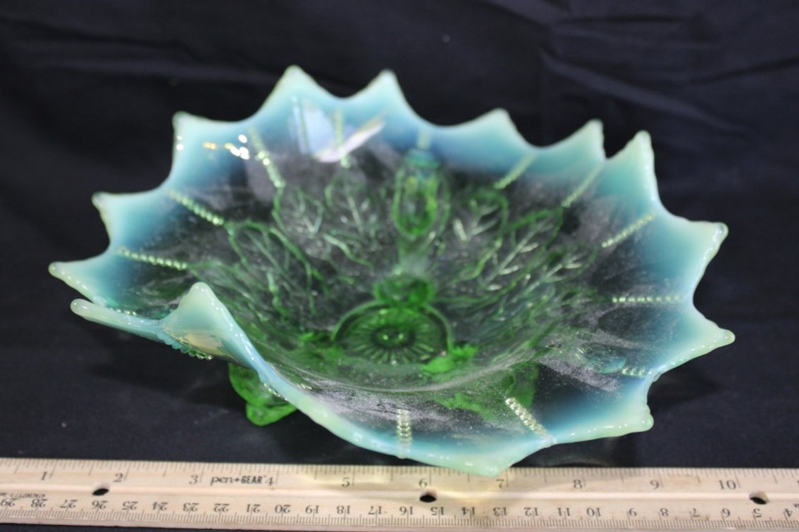 Opalescent Footed Bowl, Holly Pattern Has