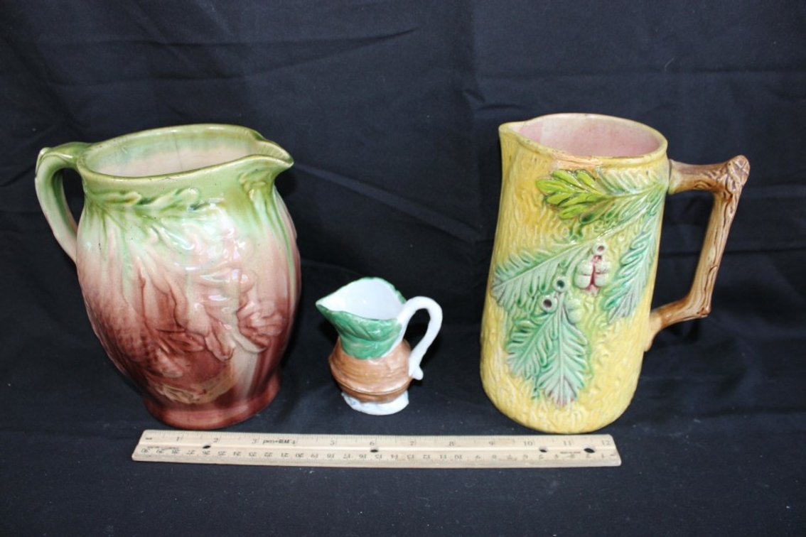 Three Autumn Majolica Pitchers, Oak And Acorn Chip