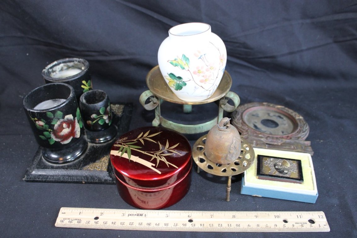 Oriental Jar, Candles, Metal Matchbox, And More.