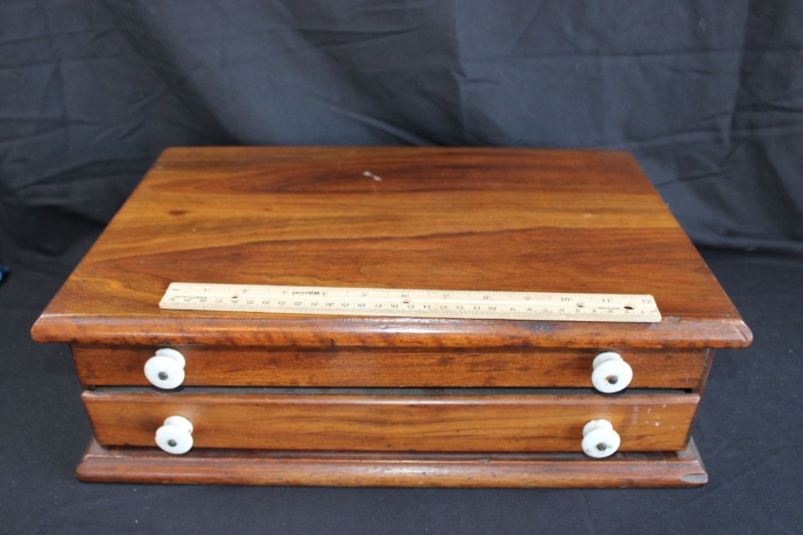 Two-Drawer Wooden Box With Porcelain Pulls, 18 X 1