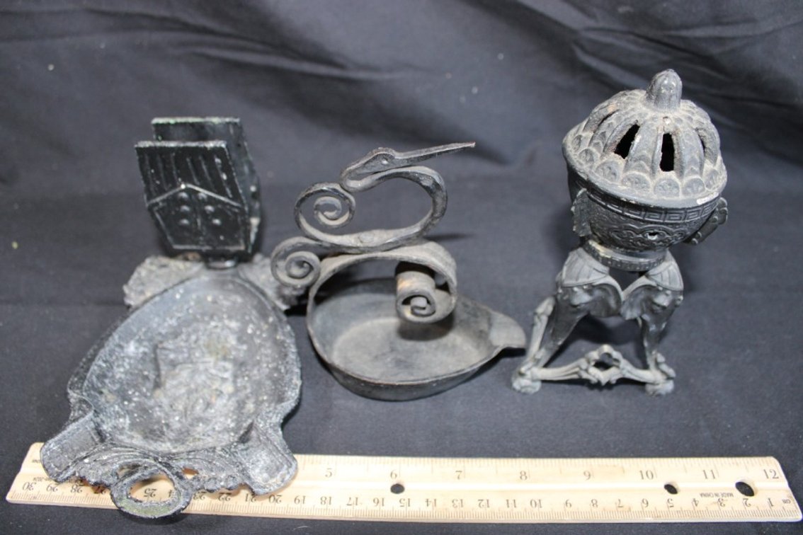Cast Iron Ashtray And A Grease Lamp.