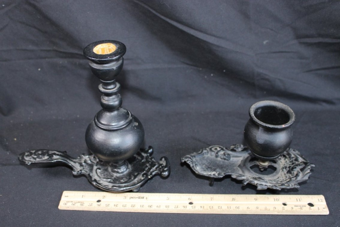 Cast Iron And Wood Candle Holders.