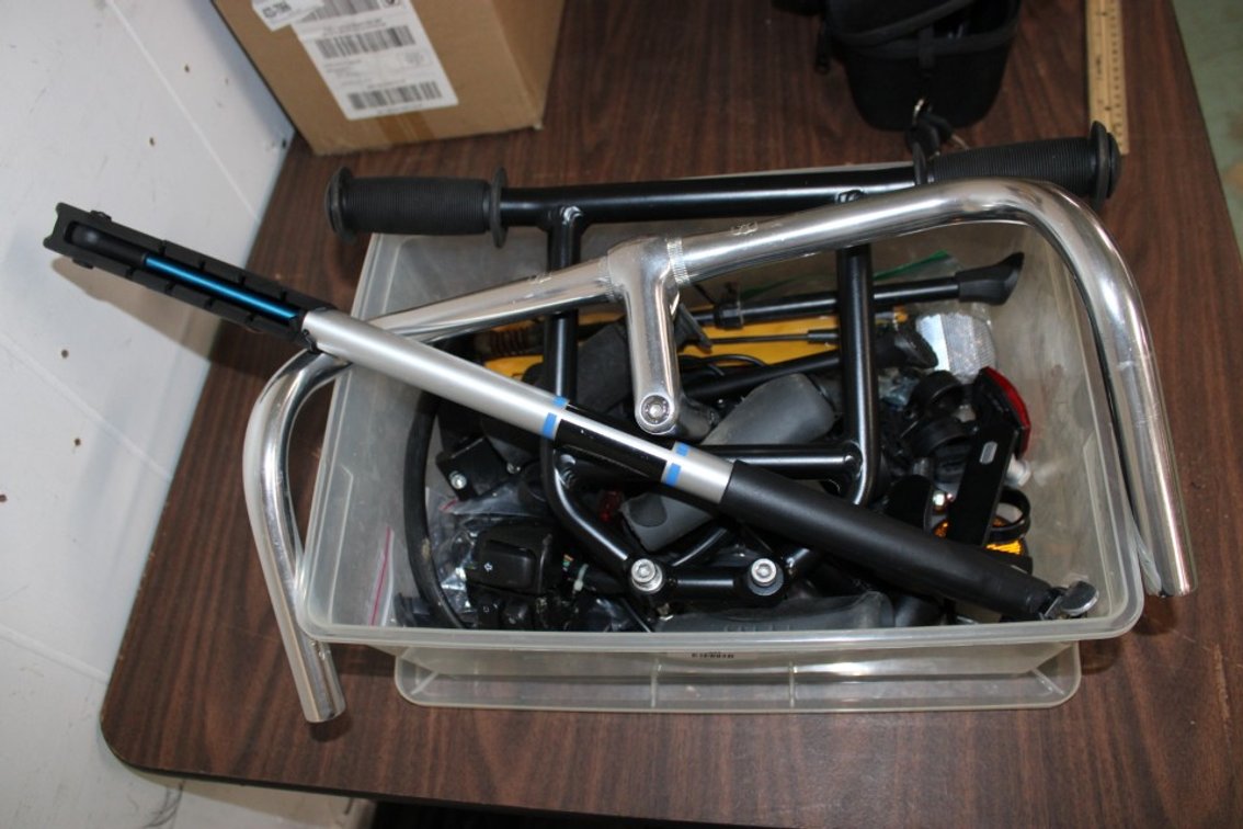 Bicycle Parts To Include Handlebars, Pump, Hand Grips, Kickstands Et Cetera.