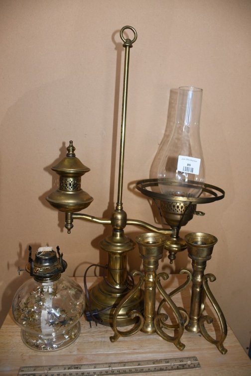 Student Lamp, Candle Holders, and Oil Lamp