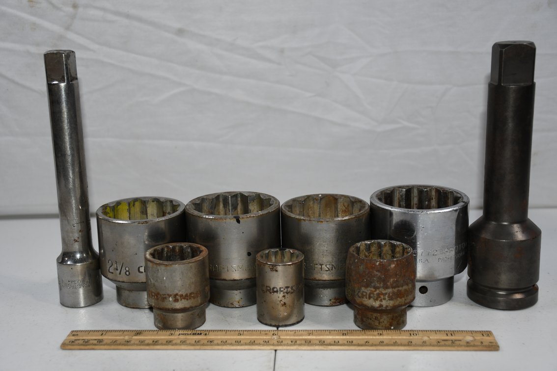 Sockets and Extensions, Mostly 0.75-Inch Drive, Mostly Craftsman, Including 1 Proto and an Apex 1-Inch Drive, 8-Inch Extension