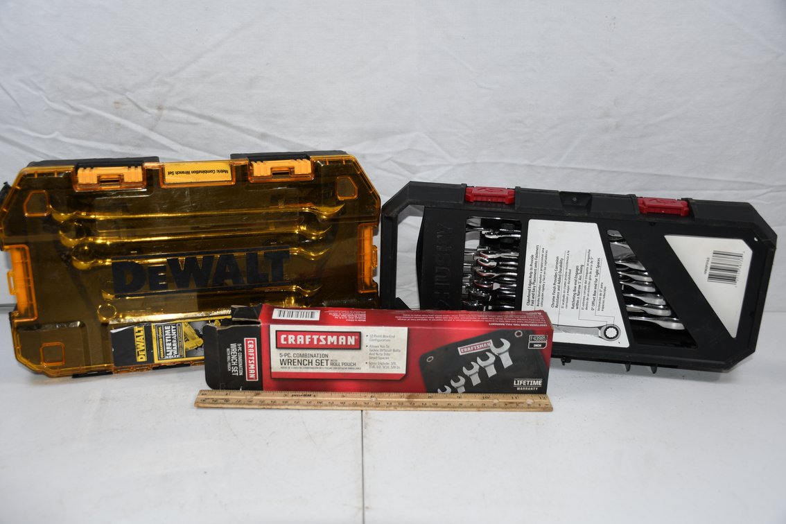 Combination Wrench Sets, Complete 5 Piece Craftsman Set, Incomplete Husky Set, and a DeWalt Metric Set Missing the 14 Millimeter