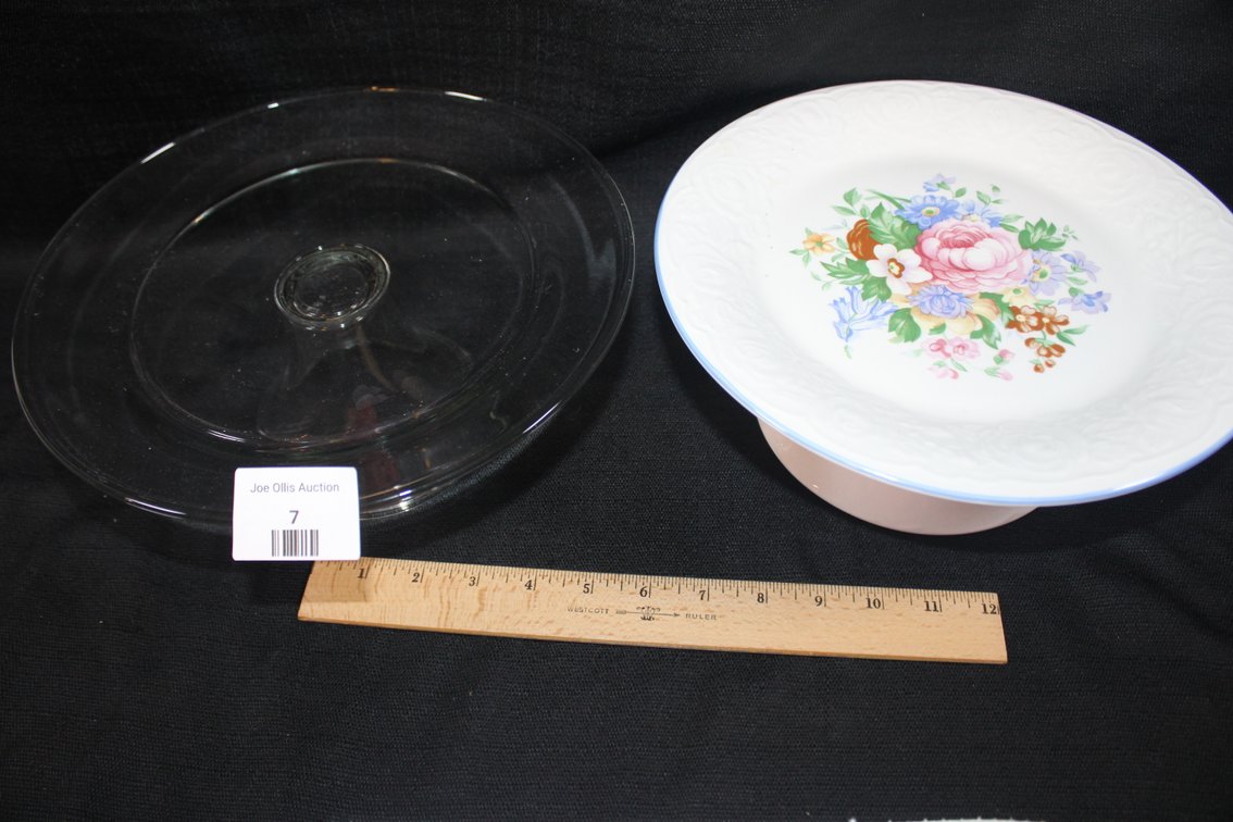Two Cake Stands, One Clear And One With A Floral Motif