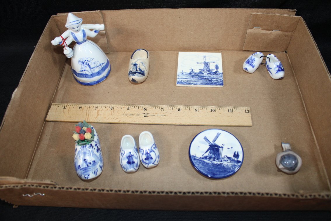 Two Delft Clogs, Mini Tray, Tile, And One Bissing Piece Made In Denmark and other Blue and White Pieces