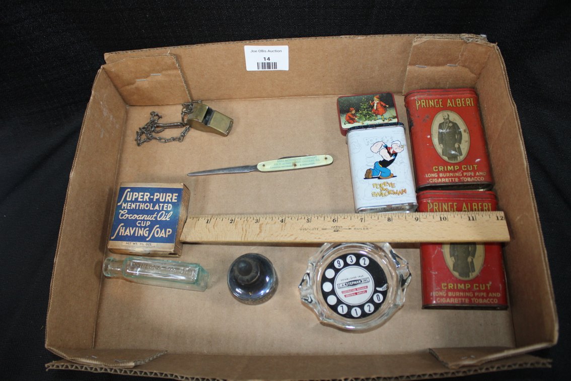 Brass Whistle, Super Pure Mentholated Coconut Oil Cup, Shaving Soap, Small Vintage Bottle, Three In One Advertising Pieces, And Two Prince Albert Cans