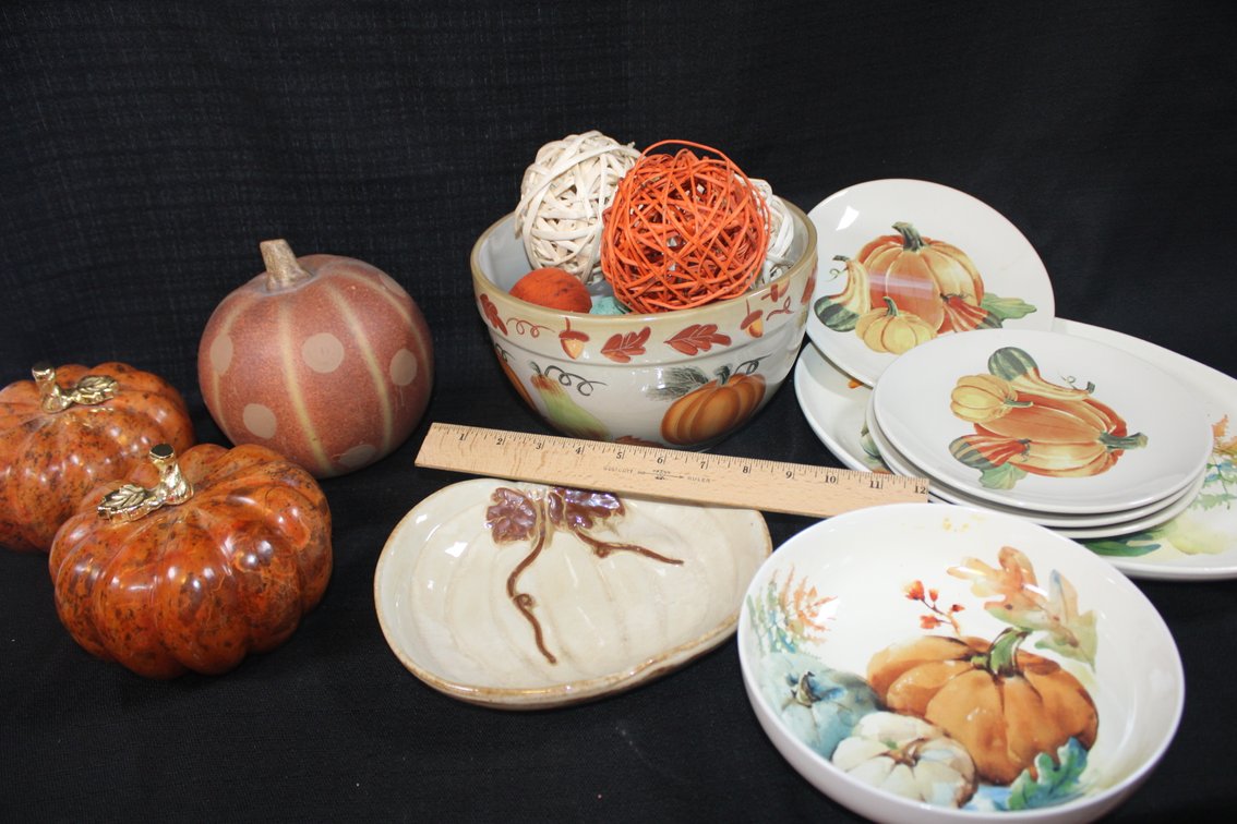 Fall Decor Including Platter, Plates, Bowl, And Serving Bowl With Pumpkins