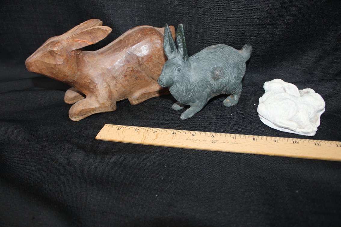 Wooden Rabbit, Cast Iron Rabbit, And Chalk Rabbit