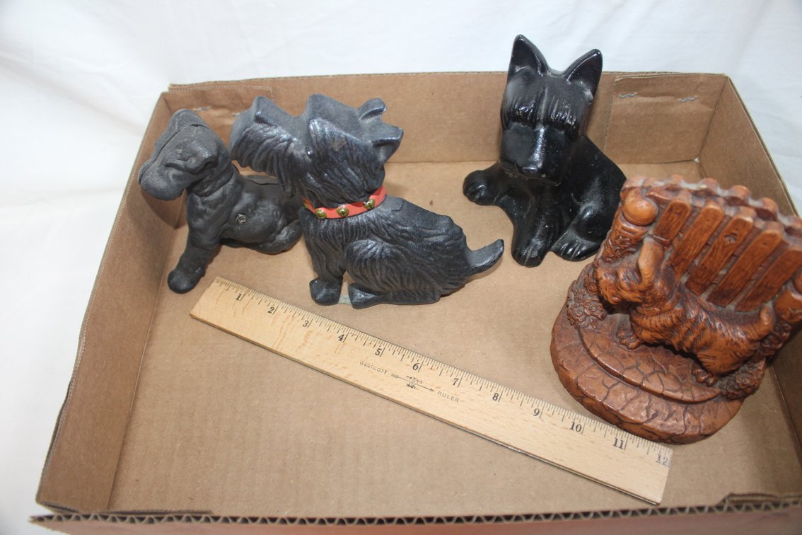 Cast Iron Scottie Dog Doorstop, Cast Iron Scottie Dog Bank, Cast Iron Scottie Dog Doorstop, And Composite Scottie Dog Bookends