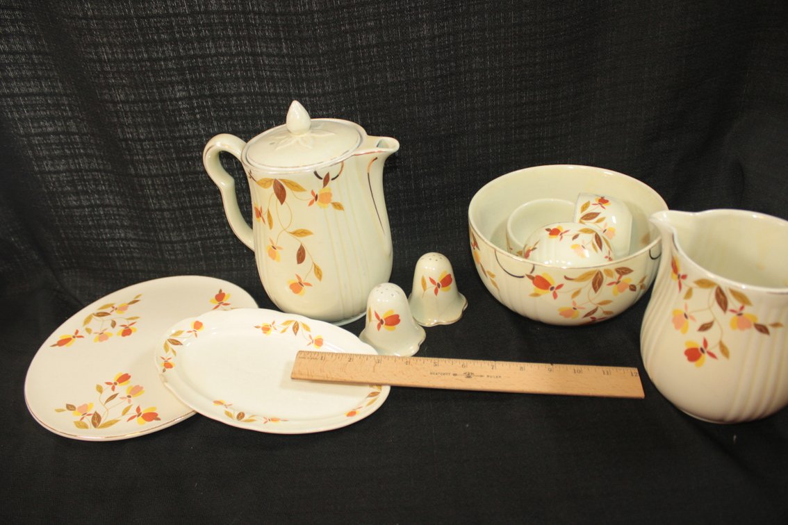 Hall Superior Pitcher, Serving Bowl, Three Custards, Salt And Pepper, Water Pitcher, Tea Pitcher, 8.5 Inch Serving Tray, And 9.5 Inch Serving Plate