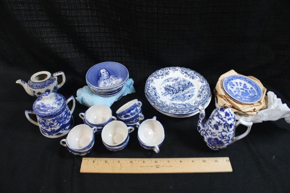 Assortment Of Blue And White China, Not A Matching Set, Including Miniature Tea Service Pieces, A Benjamin Franklin Commemorative Plate, And Multiple Patterns