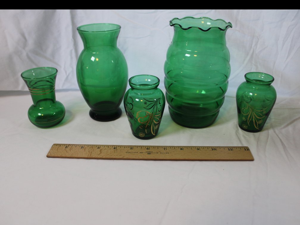 Five Various Green Glass Vases