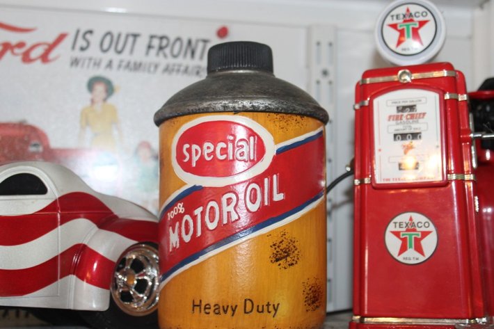Image for Model Gas Pumps, Oil Can Stash Containers, a Master Mechanic's Willys Coupe Hot Rod, and a Tin Ford Sign