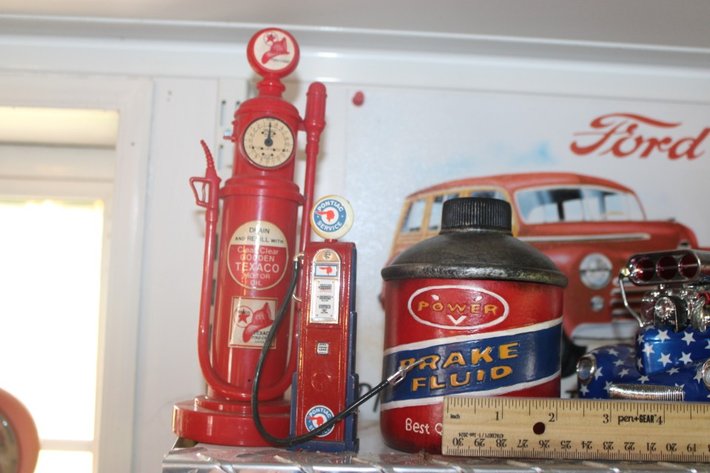 Image for Model Gas Pumps, Oil Can Stash Containers, a Master Mechanic's Willys Coupe Hot Rod, and a Tin Ford Sign